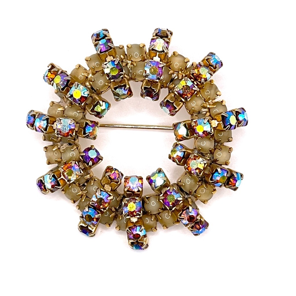 Vintage AB Rhinestone Moon Glow Circle Pin Brooch
